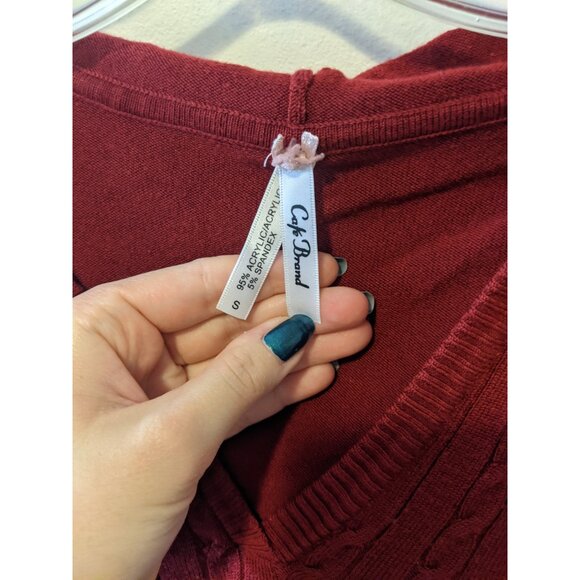 Vintage Y2K Red Cable Knit Hooded V-Neck Sweater Top with Pockets Preppy Sz S - Picture 9 of 10